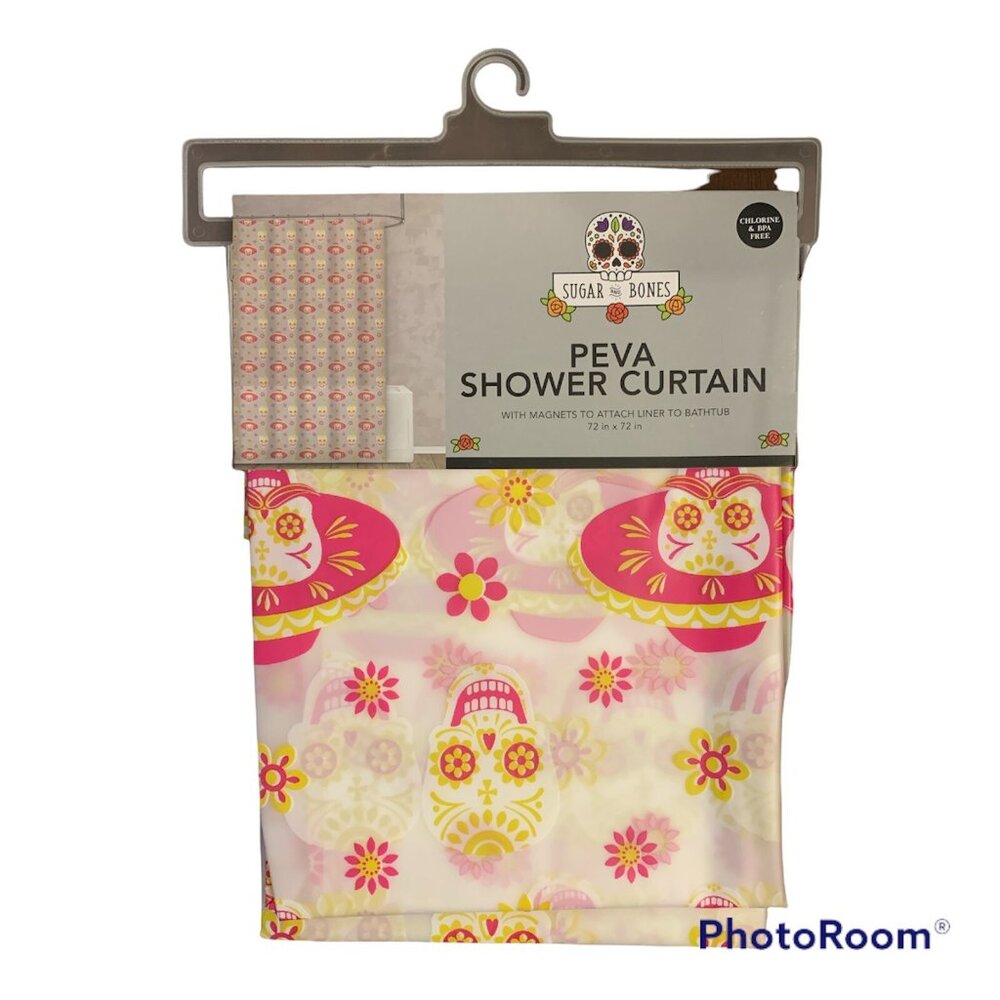 NEW SUGAR AND BONES SKULLS PEVA SHOWER CURTAIN w/MAGNETS DAY OF THE DEAD